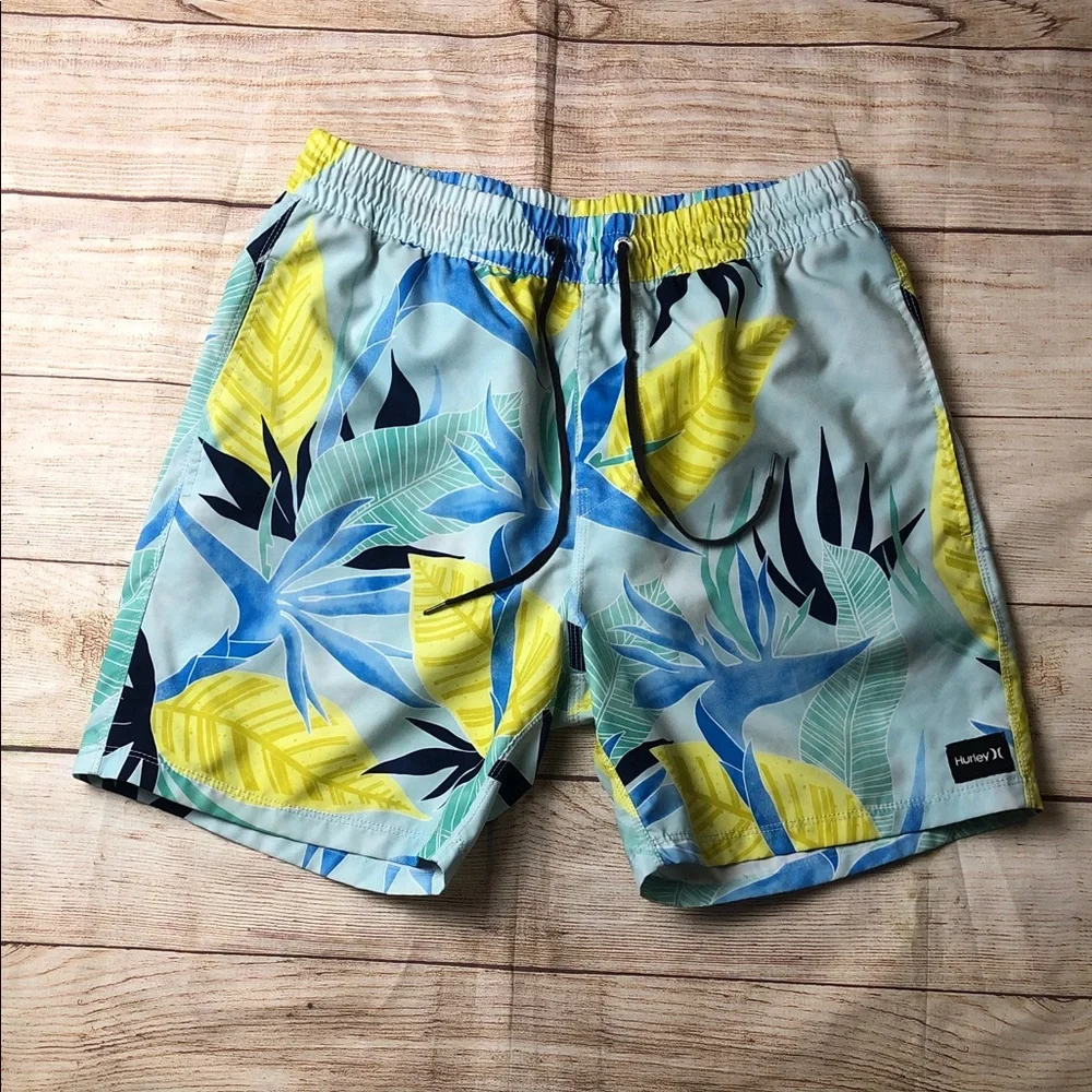 Hurley Blue Yellow Tropical Print‎ Swim Board Shorts